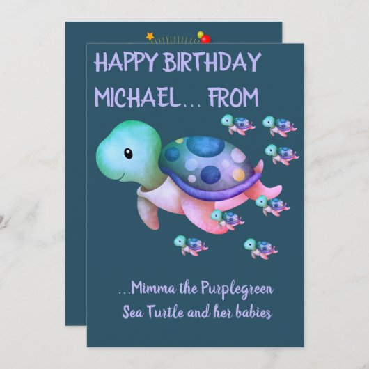 かわいいパープルグリーンウミガメ&ベビー誕生日カード 招待状 (正面/裏面)