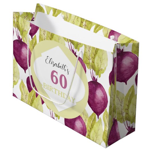 かわいいパープルグリーンビーツ水彩画 ラージペーパーバッグ (正面アングル)