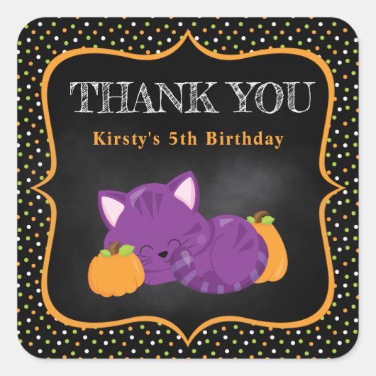 かわいいパープルハロウィーンキャット&水玉模様誕生日 スクエアシール (正面)