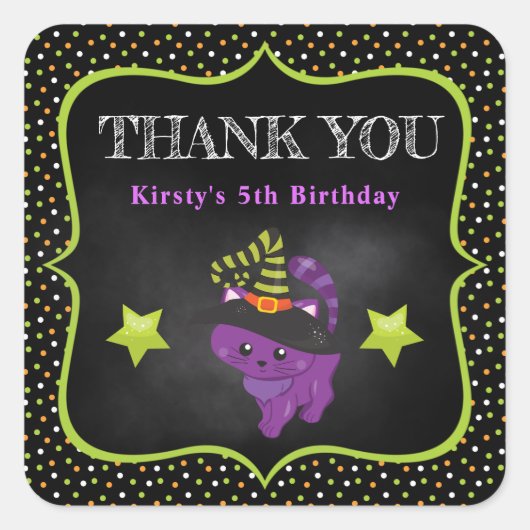 かわいいパープルハロウィーンキャット&水玉模様誕生日 スクエアシール (正面)
