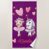 かわいいパープルバレリーナユニコーン ビーチタオル (正面)