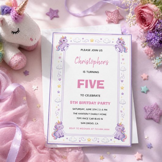 かわいいパープルパステルマジックユニコーン5歳の誕生日 招待状