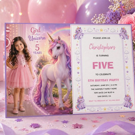 かわいいパープルパステルマジックユニコーン5歳の誕生日 招待状
