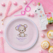 かわいいパープルベアガール チェックピンクペーパープレート ペーパープレート (パーティー)