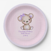 かわいいパープルベアガール チェックピンクペーパープレート ペーパープレート (正面)