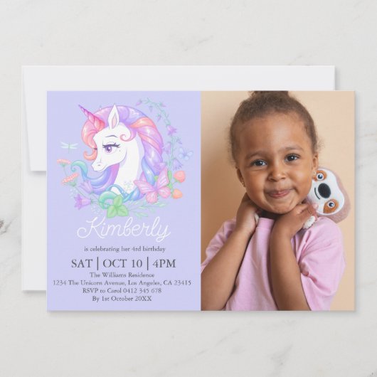 かわいいパープルユニコーンすべての年齢写真子供の誕生日 招待状 (正面)