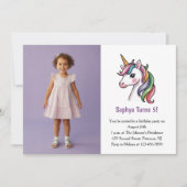 かわいいパープルユニコーン写真子供の誕生日パーティー 招待状 (正面)