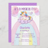 かわいいパープルユニコーン2nd誕生日レインボー 招待状 (正面/裏面)