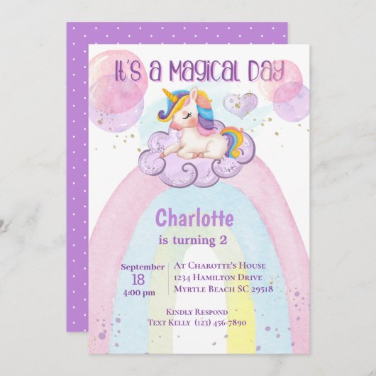 かわいいパープルユニコーン2nd誕生日レインボー 招待状 (正面/裏面)