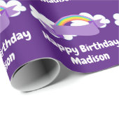 かわいいパープルレインボーパーソナライズされたバースデーパーティー ラッピングペーパー (ロールコーナー)