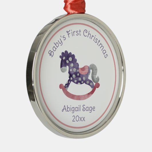 かわいいパープルロッキングホースベビーの初めてのクリスマス メタルオーナメント (右)