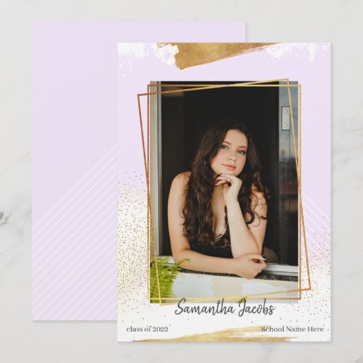 かわいいパープル＆ゴールドのフレームを使った卒業おめでとうの発表 招待状 (正面/裏面)