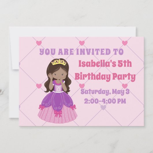 かわいいヒスパニックプリンセスガールピンク誕生日パーティー 招待状 (正面)