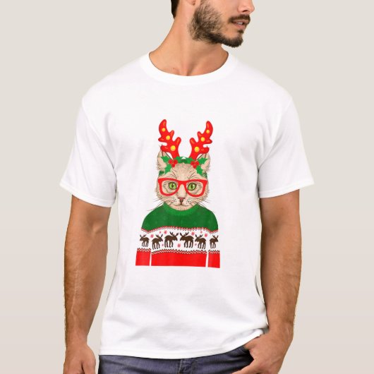 かわいいヒッピーの猫おもしろいのクリスマス Tシャツ (正面)