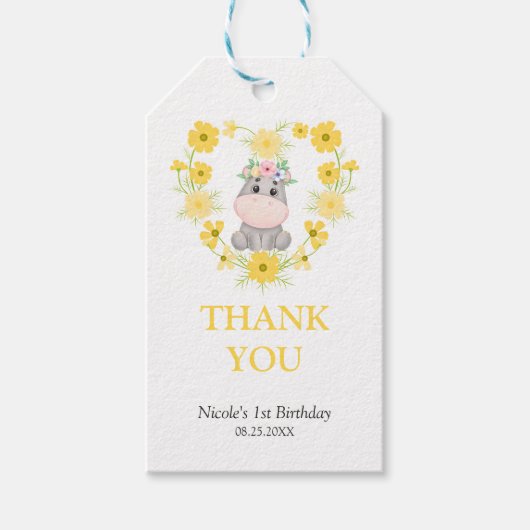 かわいいヒッポイエローフラワーハート誕生日ありがとう ギフトタグ (正面)