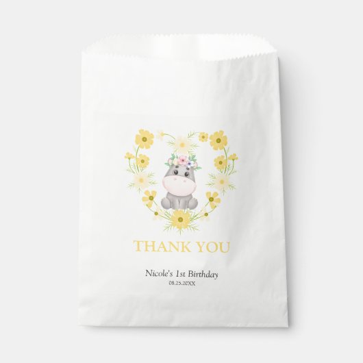 かわいいヒッポイエローフラワーハート誕生日ありがとう フェイバーバッグ (正面)