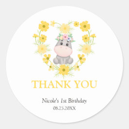 かわいいヒッポイエローフラワーハート誕生日ありがとう ラウンドシール