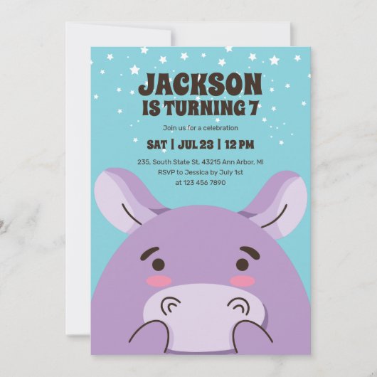 かわいいヒッポカートゥーンアニマルサファリ子供の誕生日 招待状 (正面)