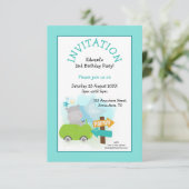 かわいいヒッポカートドラーバースデーパーティーティール（緑がかった色） 招待状 (スタンド正面)