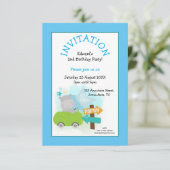 かわいいヒッポカートドラーバースデーパーティーブルー 招待状 (スタンド正面)