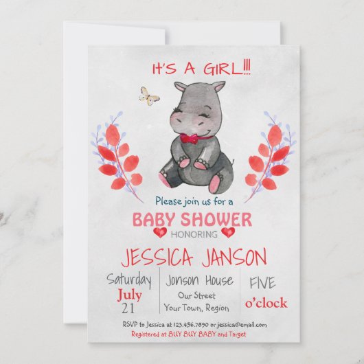 かわいいヒッポガールベビーシャワー招待状 招待状 (正面)