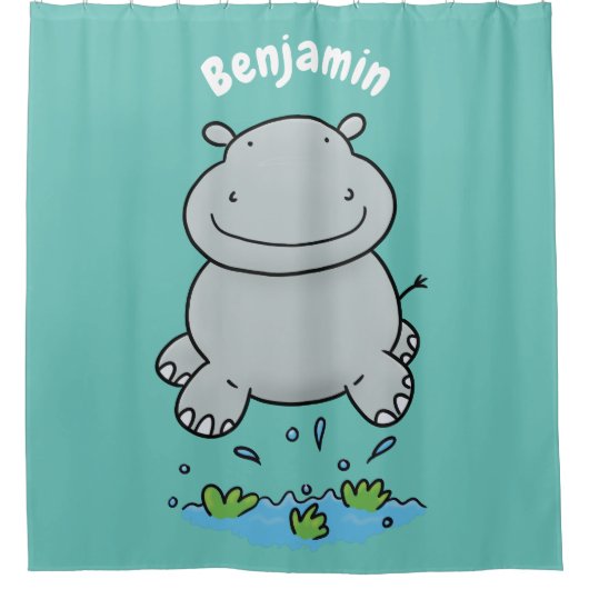 かわいいヒッポジャンプ漫画イラストレーション シャワーカーテン (正面)