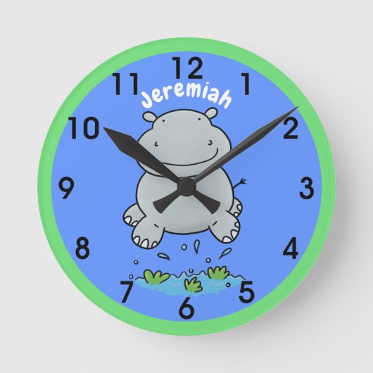 かわいいヒッポジャンプ漫画イラストレーション ラウンド壁時計 (正面)