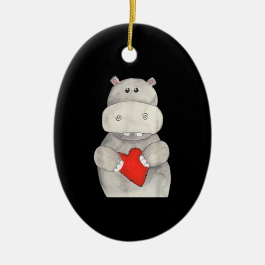 かわいいヒッポタムスホールディングハート | Love Hippo セラミックオーナメント (正面)