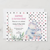 かわいいヒッポピンクドットガールズファースト誕生日パーティー 招待状 (正面)