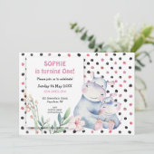 かわいいヒッポピンクドットガールズファースト誕生日パーティー 招待状 (スタンド正面)