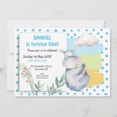 かわいいヒッポブルードットボーイズ最初の誕生日パーティー 招待状 (正面)