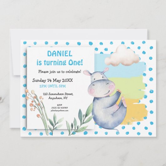 かわいいヒッポブルードットボーイズ最初の誕生日パーティー 招待状 (正面)