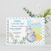 かわいいヒッポブルードットボーイズ最初の誕生日パーティー 招待状 (スタンド正面)