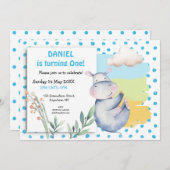 かわいいヒッポブルードットボーイズ最初の誕生日パーティー 招待状 (正面/裏面)