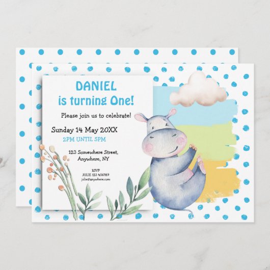 かわいいヒッポブルードットボーイズ最初の誕生日パーティー 招待状 (正面/裏面)