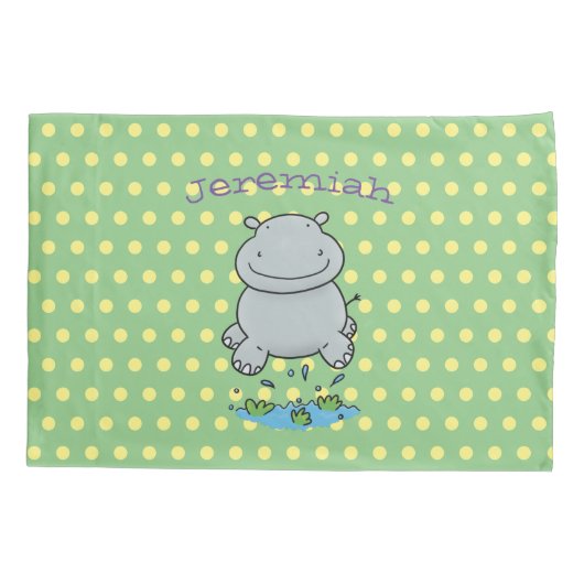 かわいいヒッポ漫画イラストレーションオン緑 枕カバー (裏面)