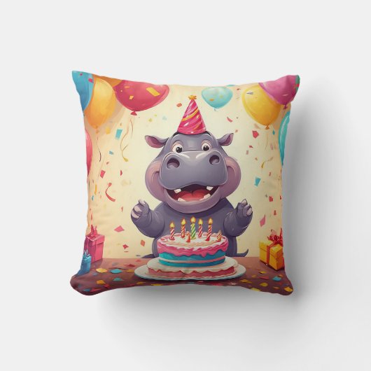 かわいいヒッポ祝の誕生日とケーキ クッション (正面)