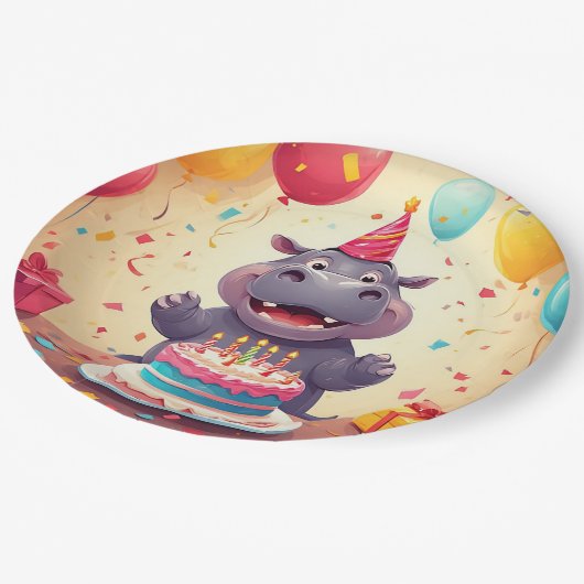 かわいいヒッポ祝の誕生日とケーキ ペーパープレート (アングル)