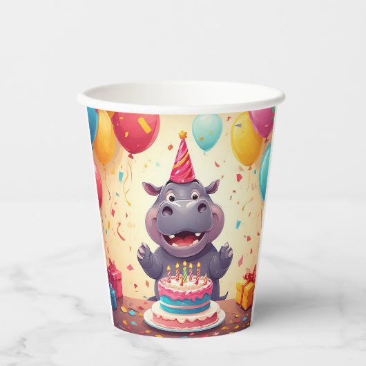 かわいいヒッポ祝の誕生日とケーキ 紙コップ (正面)