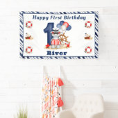 かわいいヒッポ航海の1歳の誕生日ボーイバナー 横断幕 (インサイチュ)