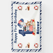 かわいいヒッポ航海の1歳の誕生日ボーイバナー 横断幕 (縦)