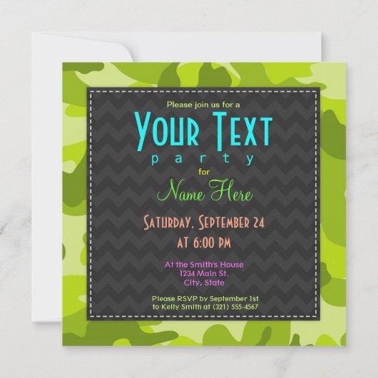 かわいいヒッポ;明るい緑の迷彩柄、カモフラージュ 招待状 (裏面)