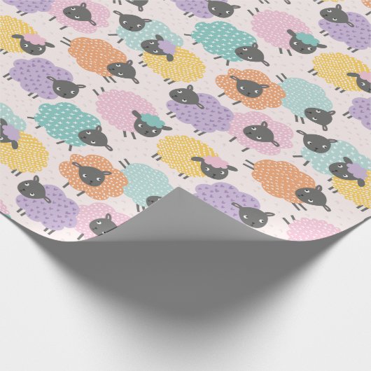 かわいいヒツジのピンクの薄紫ミントオレンジのクリーム ラッピングペーパー (角)