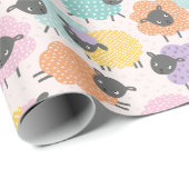 かわいいヒツジのピンクの薄紫ミントオレンジのクリーム ラッピングペーパー (ロールコーナー)