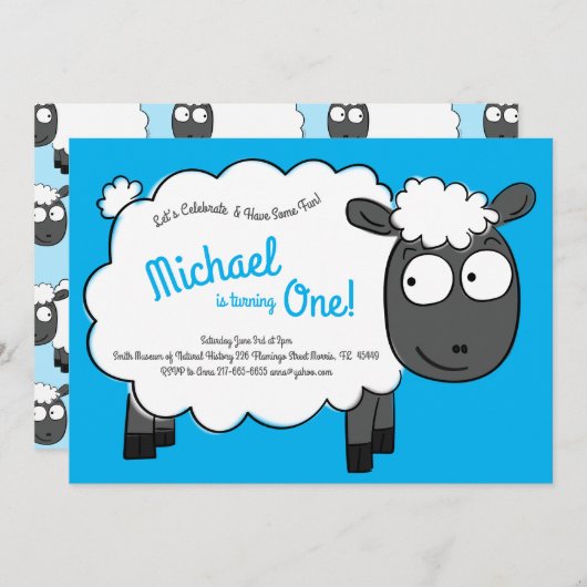 かわいいヒツジの子供たち1stバースデーファームパーティー 招待状 (正面/裏面)