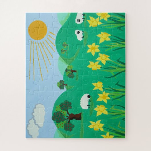 かわいいヒツジの木の丘の青い空と太陽の子供たち ジグソーパズル (縦)