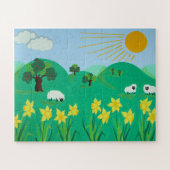 かわいいヒツジの木の丘の青い空と太陽の子供たち ジグソーパズル (横)