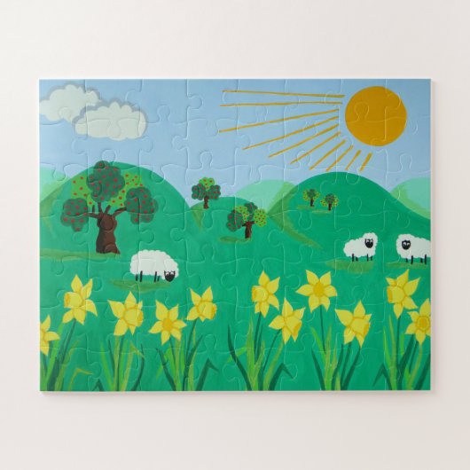 かわいいヒツジの木の丘の青い空と太陽の子供たち ジグソーパズル (横)