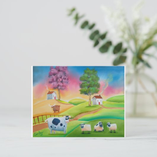 かわいいヒツジは民芸純真な絵を描くGブルースを脅かします ポストカード (スタンド正面)