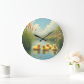 かわいいヒナガモが花のある池にいる ラージ壁時計 (ホーム)